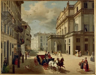 Fasaden til Teatro della Scala, Milano, bygget av Giuseppe Piermarini (maleri på lerret)