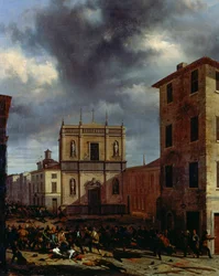 The ti days of Brescia, av Angelo Inganni (1807-1880), olje på lerret, 38x45 cm