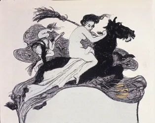 Hekser som beveger seg i luften. Illustrasjon av Angelo Jank (1868-1940) for Jugend