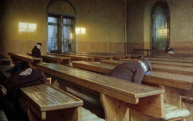 Feiringsdag på Trivulzio hospice i Milano. Maleri av Angelo Morbelli (1853-1919)