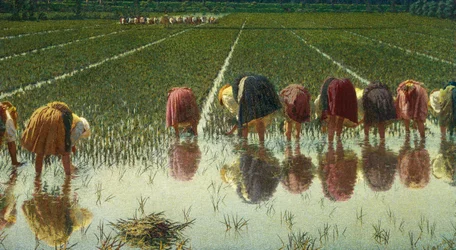 For åtti øre, av Angelo Morbelli (1853-1919), Olje på lerret, 67,5x124,5 cm