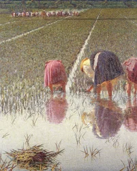 For åtti øre, av Angelo Morbelli (1853-1919), Olje på lerret, 67,5x124,5 cm, Detalj