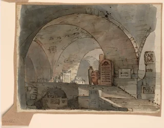 Scenedesign, underjordisk hvelvede rom med graver
