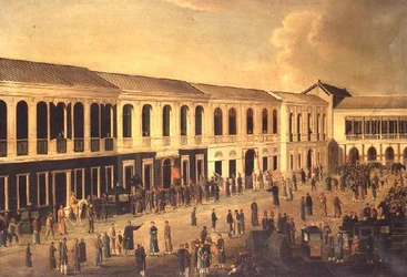 En utsikt over Hongs ved vannkanten i Canton, ca. 1825