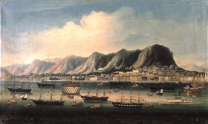 Utsikt over Hong Kong, med en Prison Hulk og en Paddlesteamer i havnen (olje på lerret)