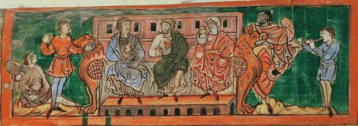 Cott Tib B V f.4v Aristocrats, på tampen av Domesday, fra en kalender, ca. 1030 (vellum)