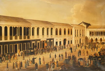 En utsikt over Hongs ved vannkanten ved Canton, ca. 1825