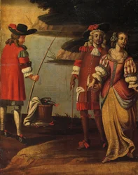 Firedelt dobbeltsidig skjerm, ca. 1700 (malt lerret og lær) (detalj av 3248382)