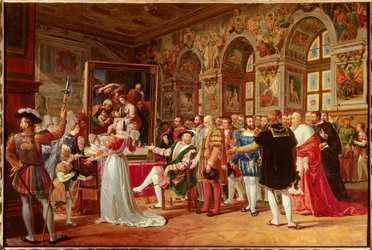 Frans Is århundre: Frans I, konge av Frankrike, mottok i Fontainebleau maleriet av Den hellige familie, sendt fra Roma av Rafael (Raffaello Sanzio, italiensk maler) som en hyllest til hans takknemlighet. Ved hans sider skjelner vi: (Del til venstre o