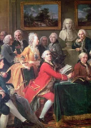 En Soirée hjemme hos Madame Geoffrin detalj av Lekain og Mademoiselle Clairon, 1755 olje på lerret