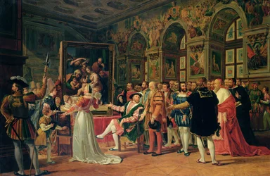Frans I (1494-1547) mottar et maleri av Den hellige familie av Rafael