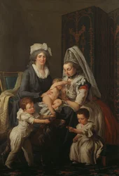 Portrett av en dame, i et interiør med sykepleieren og tre barn,