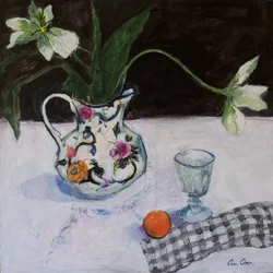 Stilleben med hvite tulipaner og et glass, 2019 (akryl)