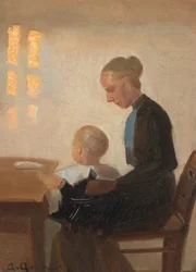 Et interiør med mor og barn.