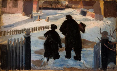 Michael Ancher på vei til studioet sitt akkompagnert av organisten Helene Christensen