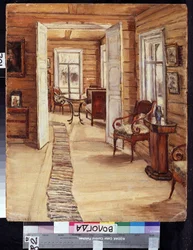Interiør i L.Panteleyevs eiendomshus i Murmanov (Russland). Beskrivelse av møbler og innredning av trehuset. Maleri av Anna Nikolayevna Karinskaya (1871-1931), olje