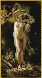 Danae ser på seg selv i et speil holdt av Cupid (olje på lerret)