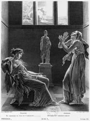 Faidra og Oinone, illustrasjon fra akt I, scene 3 av «Phèdre» av Jean Racine (1639-99), gravert av Raphael Urbain Massard (1775-1843), 1824