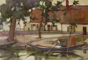 Båt på en kanal, fransk landsby