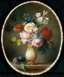 En vase med blomster og to plommer på en marmorplate, 1781