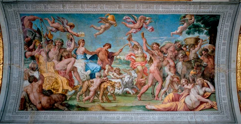 Bacchus (Dionysos, Bacco) på tanken sin kommer tilbake fra India og møter Ariane forlatt av Thesee Fresco av Annibale Carracci (Annibal Carrache) (1560-1609). 1597-1600 Roma, Palazzo Farnese