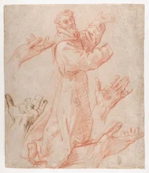 Carracci - Studier for en figur av Sankt Frans som kneler i trekvartperspektiv og for hendene hans (recto), 1583–85
