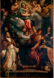 Madonna i ære med barnet og seks helgener Madonna av Saint Ludovic. Maleri av Annibale Carracci (Annibal Carrache
