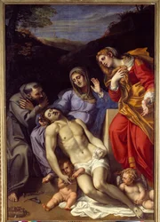 Pieta med Saint Francois av Assisi og Saint Mary Magdalene Maleri av Annibale Carracci eller Annibal Carrache (1560-1609). 1602. Søn 2,77x1,87 m