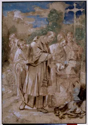 Saint Charles Borromee døper et barn. De døde sauene og skissene av lag med kropper ved siden av som en mann lukker nesen for ikke å puste inn lukten antyder at tegningen viser buen til Milano Saint Charles Borromee (Carlo Borromeo