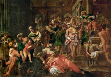 Sankt Rochus deler ut almisser til pestramte (maleri på lerret)