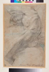 Studie av en naken mann, ca. 1560–1609 (svart-hvitt kritt på blågrått papir)
