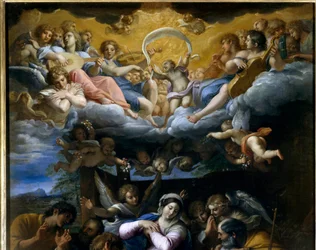 The Adoration of the Shepherds Detalj som representerer en konsert med himmelske engler som synger Guds ære. Maleri av Annibale Carracci eller Annibal Carrache (1560-1609). 1597. Orleans, Fine Arts Museum.
