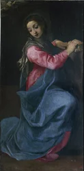 Bebudelsens jomfru (detalj). Maleri av Annibale Carracci (1560-1609) (Annibal Carrache), omkring 1587. Mål: 150 x 76 cm. Bologna, Pinacoteca Nazionale