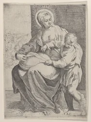 Jomfruen satt og holdt en pute på fanget med den unge Kristus stående til høyre..., 1580-1600.