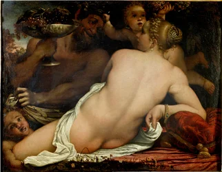 Bacchanten, Venus, satyr og to amoriner, detalj (olje på lerret, ca. 1588)