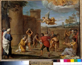 Steiningen av den hellige Stefan: Den hellige Stefan var den første kristne martyren som døde ved steining i år 36 e.Kr. Maleri av Annibale Carracci eller Annibal Carrache (1560-1609). 16. århundre. Mål 0,42 x 0,54 m. Paris.