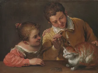 To barn som erter en katt (olje på lerret)