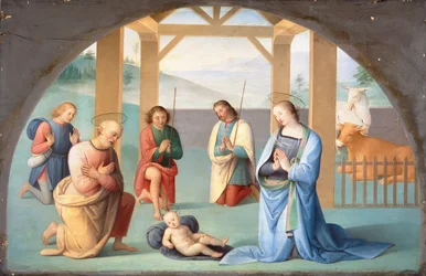 Tilbedelse av Kristusbarnet (etter Perugino), ca. 1844–1933 (olje på lerret)