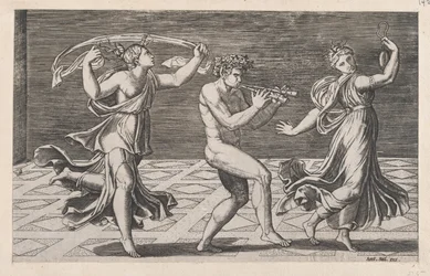 Speculum Romanae Magnificentiae: Dance of Fauns and Bacchants, tidlig på 1500-tallet..., tidlig på 1500-tallet