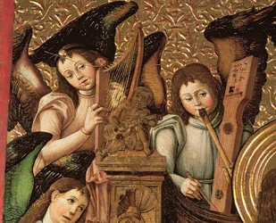 126-0035385 Sentralpanel av en altertavle dedikert til St. Vincent Martyren av Saragossa, detalj av Engler som spiller harpe, fløyte og gitar, ca. 1466-87