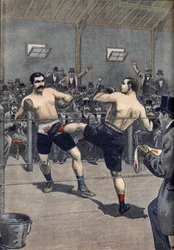 Et bokseangrep: seier til den franske mesteren Joseph Charlemont (1839-1918) mot Jerry Driscoll med teknikken "savate""" i Le Petit Journal 1899