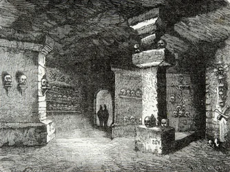 Et galleri med katakomber i Paris på 1800-tallet, Gravering, Privat samling