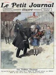 En liten jente tilbyr en bukett i trefarger til republikkens president Alexandre Millerand under en av hennes forflytninger i Rhone. Illustrasjon hentet fra "" Le petit journal"" fra 27.03.1921. Privat samling