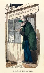 En offentlig forfatter i 1840 i Paris, gravering, privat samling - En offentlig forfatter i Paris