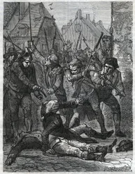 En scene under den franske revolusjon: Theobald de Dillon (1745-1792) og en ingeniøroffiser ved navn Berthois ble massakrert av soldatene og folket i Lille, som anklaget dem for forræderi. Stikk fra 1866 i “Histoire de la Révolution française”
