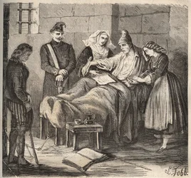 Et bryllup på Rochefort bagne på 1800-tallet. Gravering i «Fangernes historie fra deres skapelse til i dag» (1877) av Pierre Zaccone (1817-1895) (Colonia Penale - Straffekoloni). Privat samling.