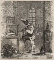 En arbeidsstyrke ved Brest Bagne på 1800-tallet. Gravering i «Fangernes historie fra deres skapelse til i dag» (1877) av Pierre Zaccone (1817-1895) (Colonia Penale - Straffekoloni). Privat samling.
