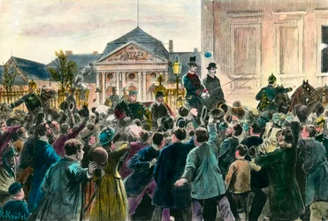 Akklamasjon av mengden ved avgangen til Otto von Bismarck (1815-1898) som forlot kontoret og Berlin 29. mars 1890 Gravering av slutten av 1800-tallet. Privat samling