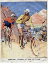 Advertising for the painting Robbialac: “” Robbialac triumph at the Tour de France””. A cyclist sells the merites of Robbialac paint for his bike. Engraving. One of “The Little Journal Illustrates”