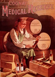 Reklameplakat for konjakken Fromy, Rogee og Cie: medisinsk reserve. En mann i vinkjelleren hans ser med glede på en flaske konjakk. Anonym illustrasjon. Debut 1900-talls privatsamling